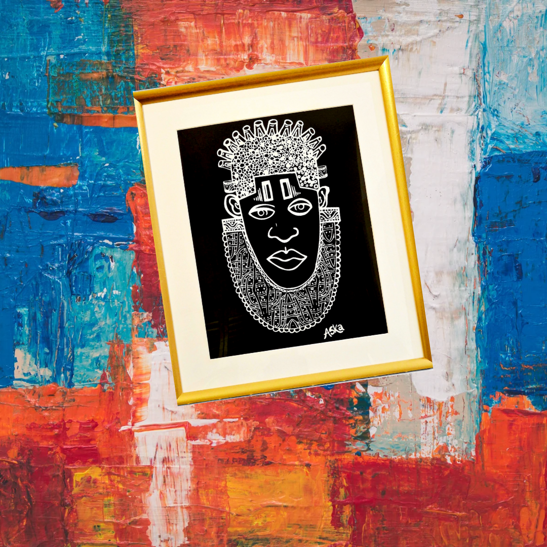 Framed artwork of a stylized face on a colorful abstract background