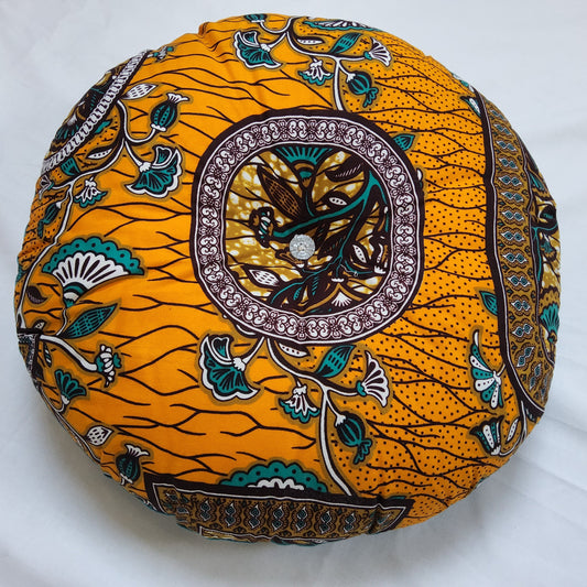 AFRICAN INSPIRED FABRIC + VELVET MIX ROUND CUSHION