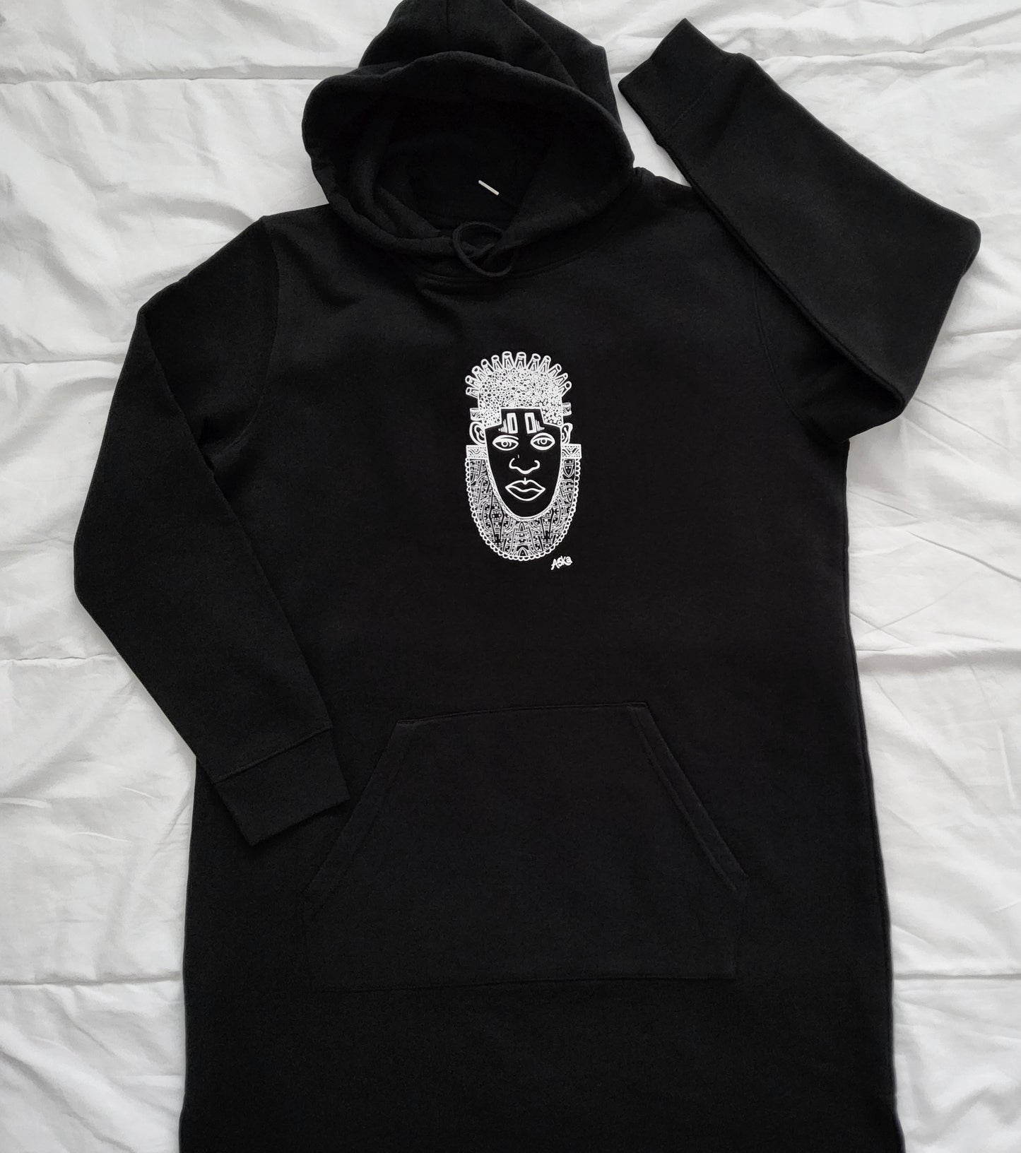 IDIA AFRICAN INSPIRED DRESS HOODIE-WHITE ART ON BLACK SWEAT DRESS