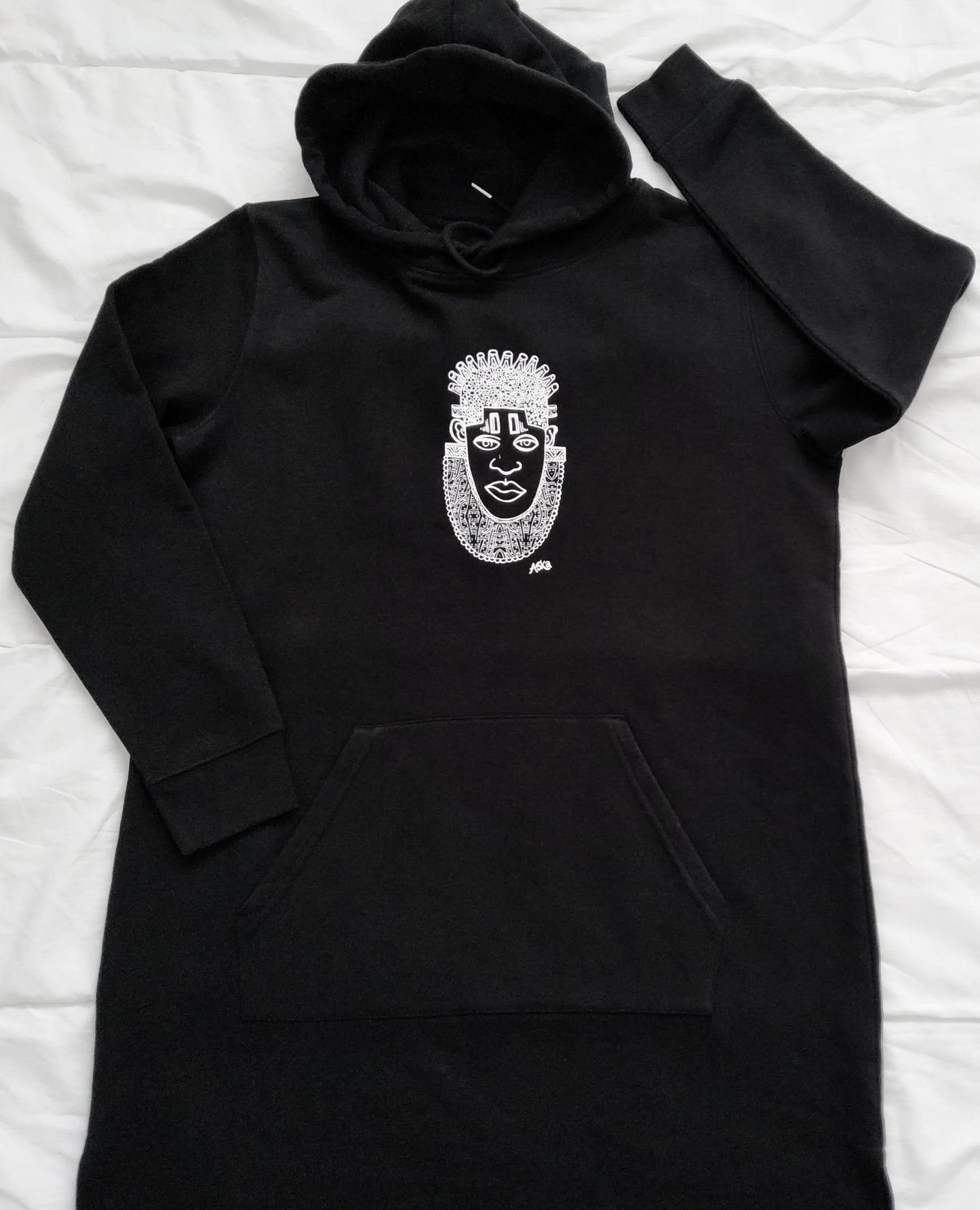 IDIA AFRICAN INSPIRED DRESS HOODIE-WHITE ART ON BLACK SWEAT DRESS