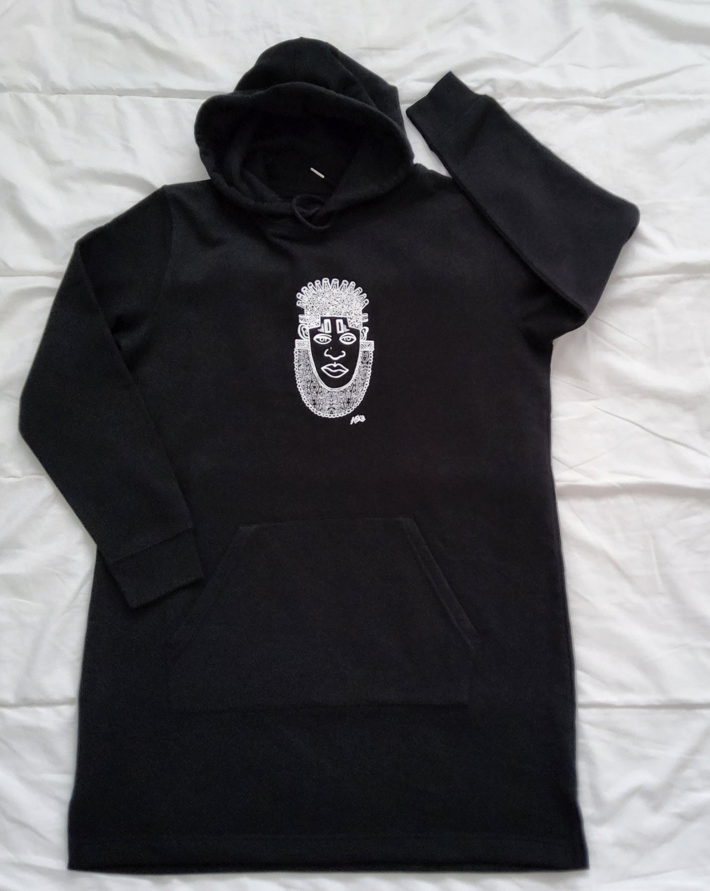IDIA AFRICAN INSPIRED DRESS HOODIE-WHITE ART ON BLACK SWEAT DRESS