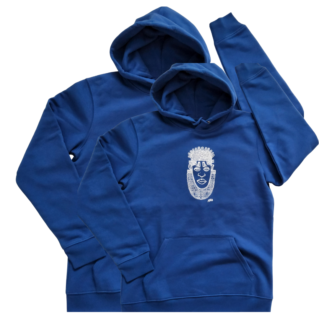 IDIA AFRICAN INSPIRED HOODIE-WHITE ART ON BLUE SWEATSHIRT