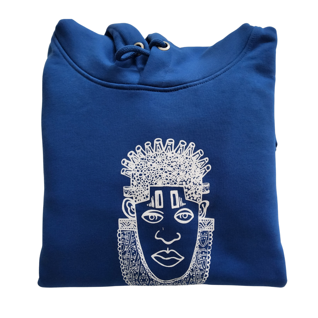 IDIA AFRICAN INSPIRED HOODIE-WHITE ART ON BLUE SWEATSHIRT
