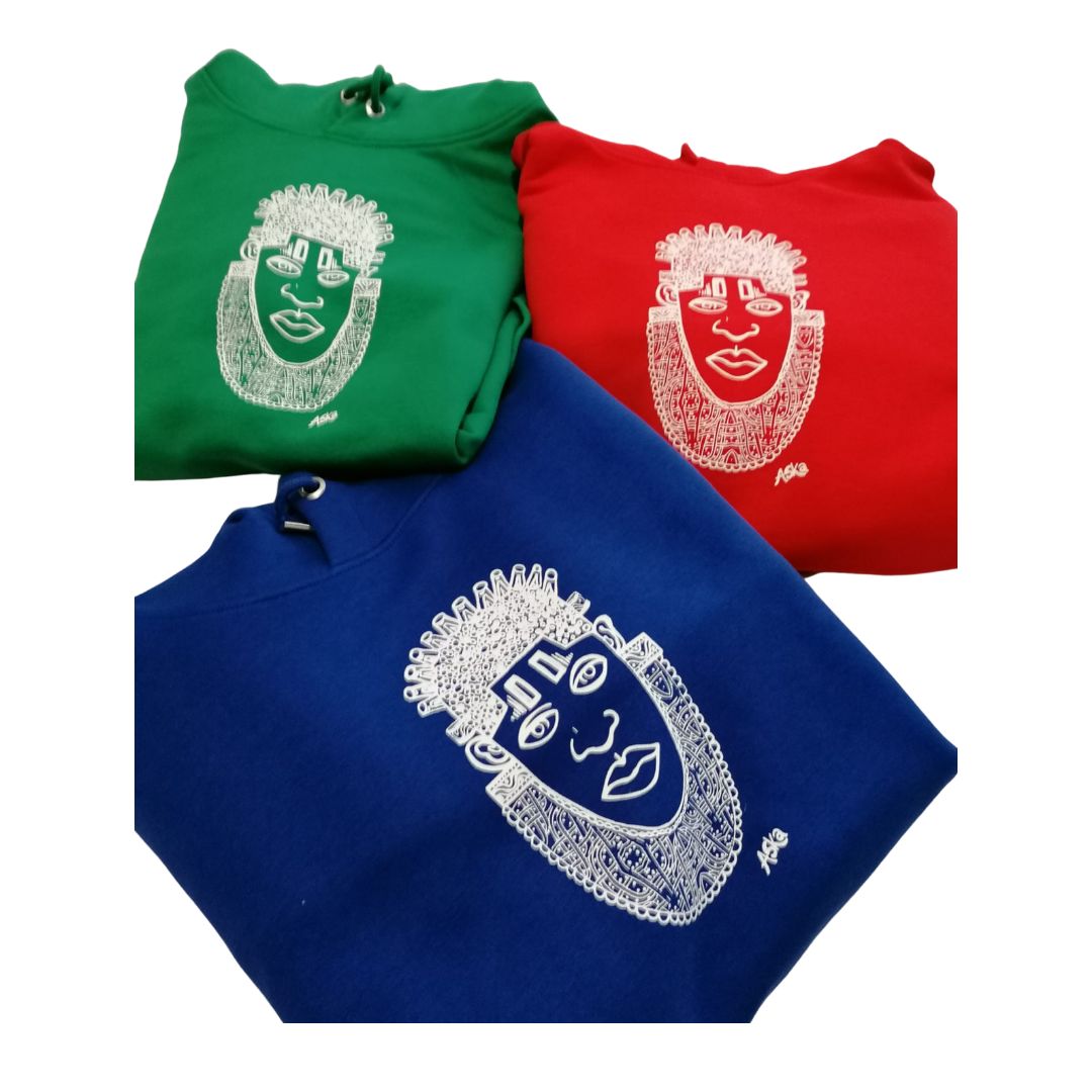 IDIA AFRICAN INSPIRED HOODIE-WHITE ART ON BLUE SWEATSHIRT