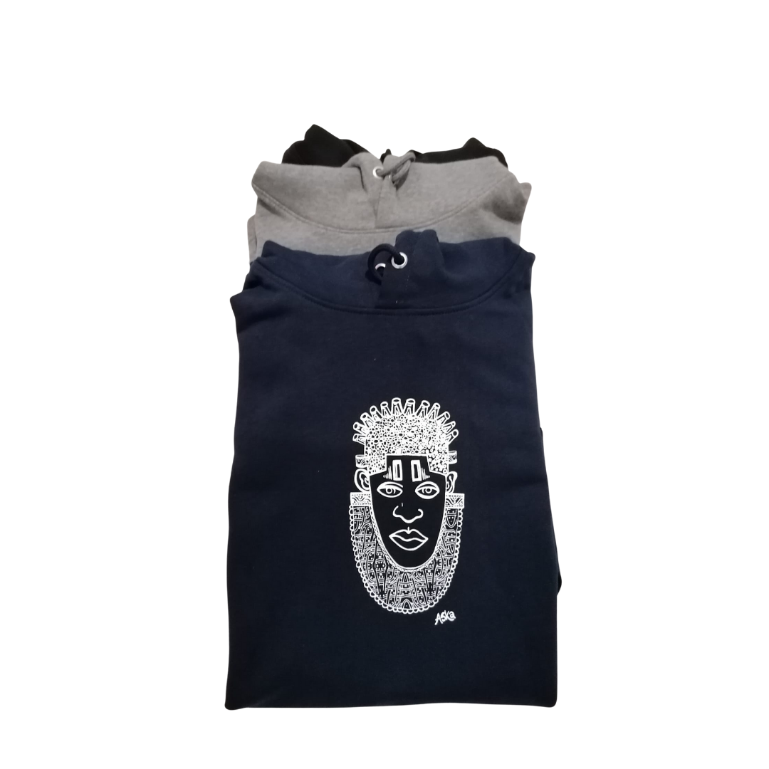 IDIA AFRICAN INSPIRED HOODIE DRESS -WHITE ART ON NAVY SWEAT DRESS