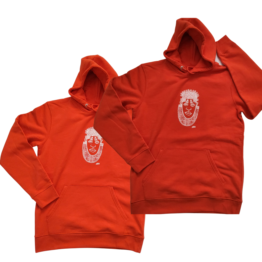 IDIA AFRICAN INSPIRED HOODIE-WHITE ART ON ORANGE SWEATSHIRT