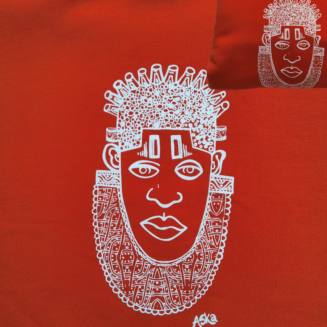 IDIA AFRICAN INSPIRED HOODIE-WHITE ART ON ORANGE SWEATSHIRT