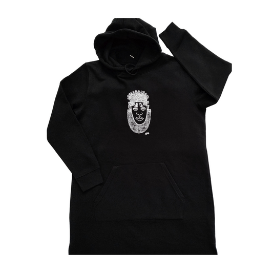 IDIA AFRICAN INSPIRED DRESS HOODIE-WHITE ART ON BLACK SWEAT DRESS
