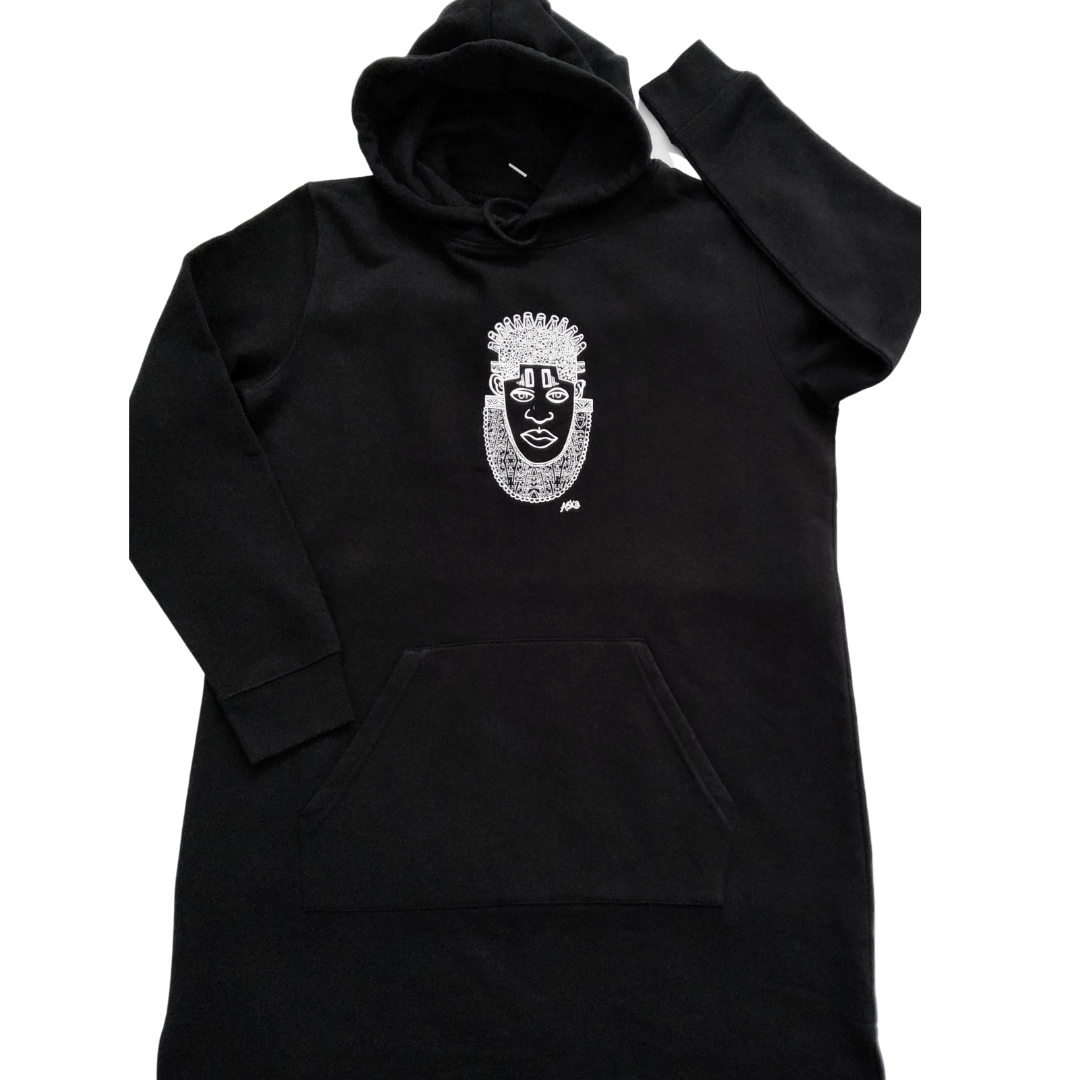 IDIA AFRICAN INSPIRED DRESS HOODIE-WHITE ART ON BLACK SWEAT DRESS