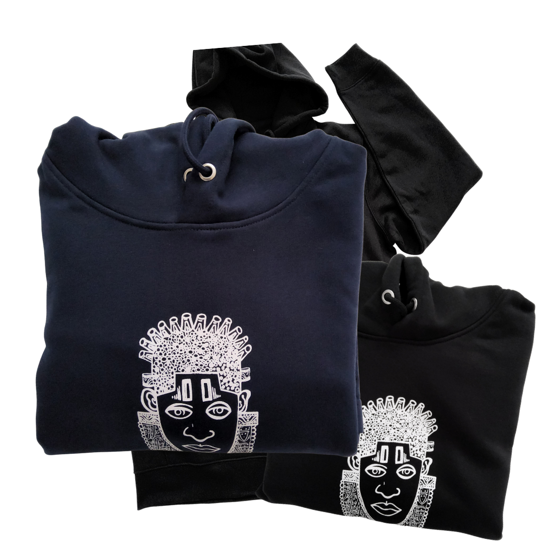 IDIA AFRICAN INSPIRED HOODIE DRESS -WHITE ART ON NAVY SWEAT DRESS
