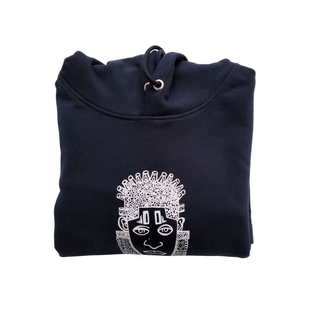 IDIA AFRICAN INSPIRED HOODIE DRESS -WHITE ART ON NAVY SWEAT DRESS